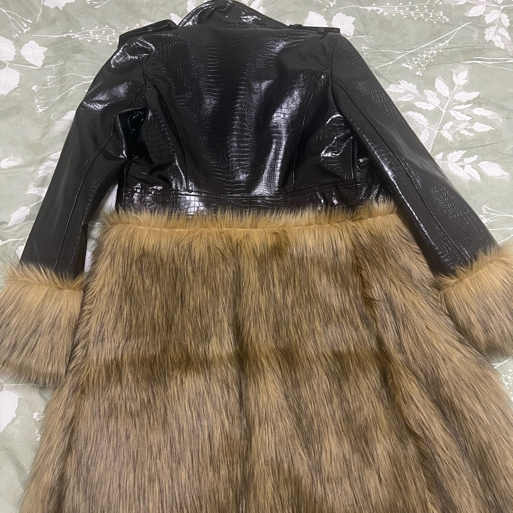 Forever 21 Black Faux Leather Trench Coat with Brown Faux Fur XS